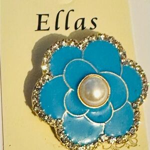 Ella Blue Camellia Flower Brooch with Crystal Accents